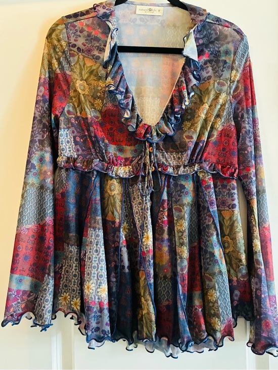 NATURAL LIFE Tops - NATURAL LIFE Multicolor Floral Patchwork Ruffle V-Neck Top